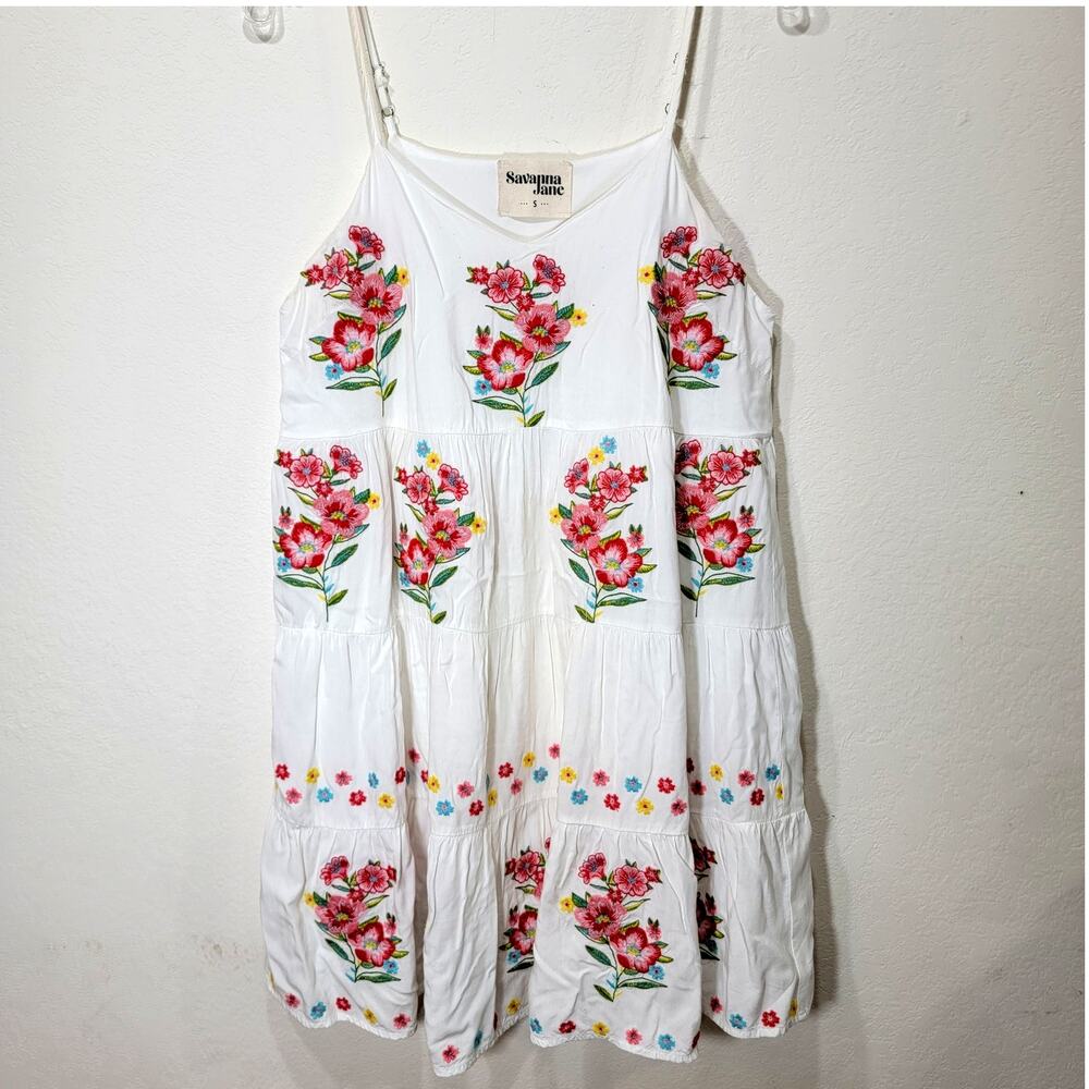 Savanna Jane Dress S White Embroidered Floral Lined Adjustable Strap Summer
